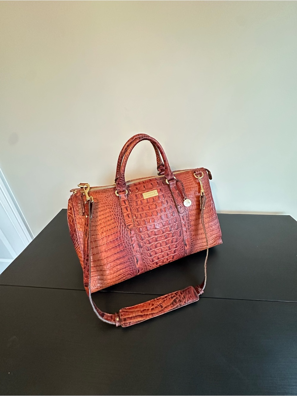 Brahmin Croc-Embossed Duffel in Rust Brown
